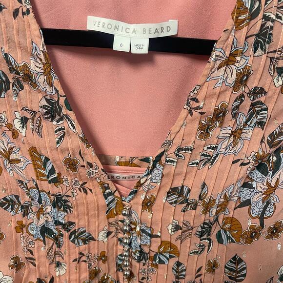 Veronica Beard Lowell Floral Print Silk Blouse Pink Pintuck Metallic Womens 6 - Picture 5 of 7